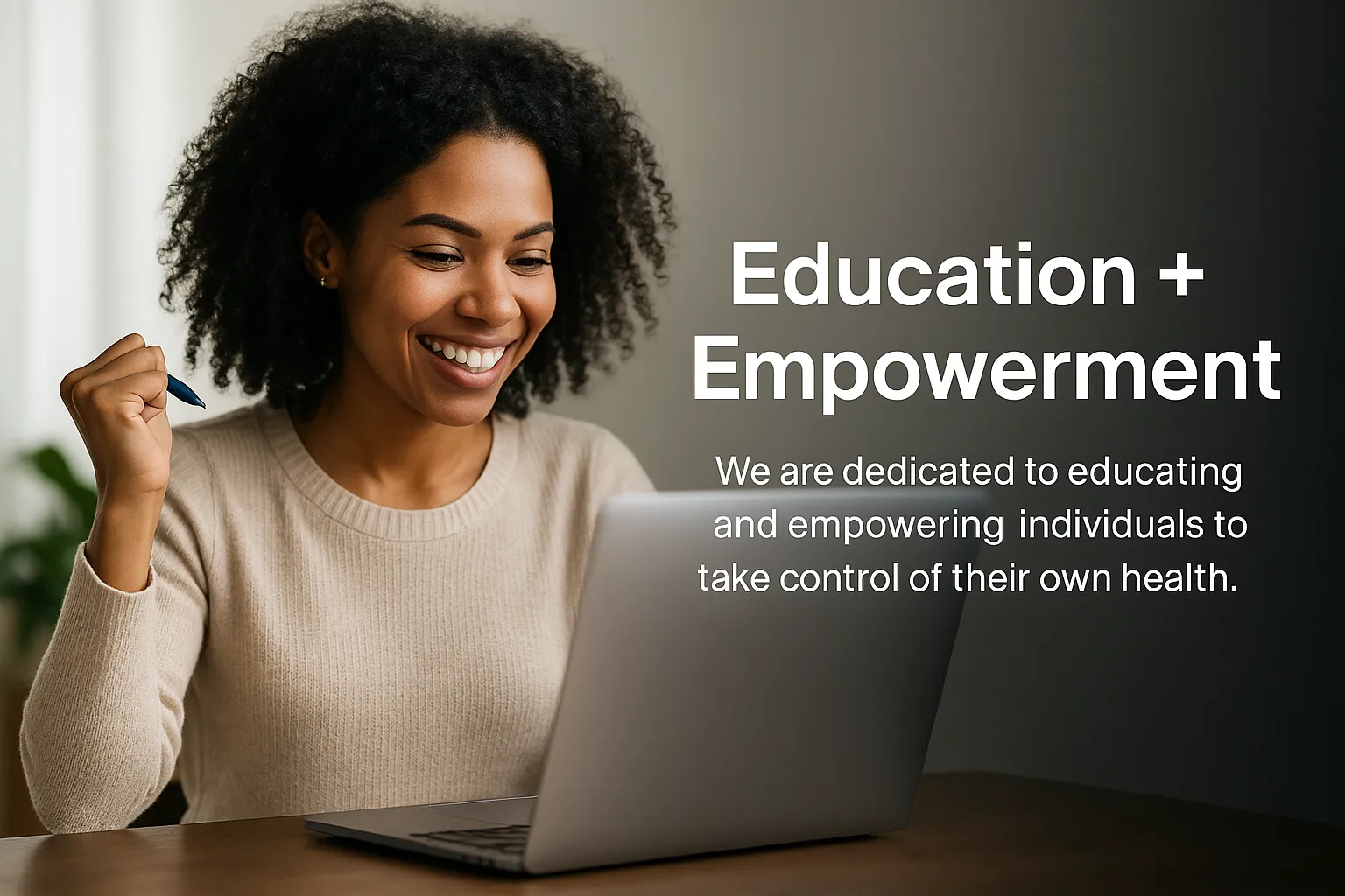 Smiling person with laptop promoting health education and empowerment message