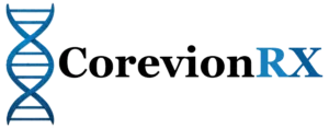 CorevionRX logo featuring bold text and blue DNA helix symbol representing biotech and research, Terms of Use, Privacy Policy, Peptide Calculator, Refund & Returns Policy, Shipping Policy