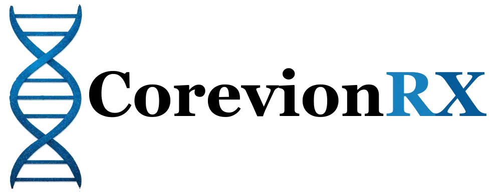 CorevionRX logo featuring bold text and blue DNA helix symbol representing biotech and research, Terms of Use, Privacy Policy, Peptide Calculator, Refund & Returns Policy, Shipping Policy